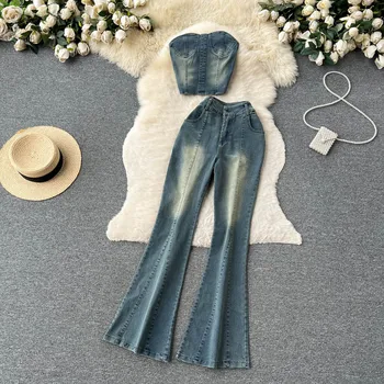 Женский джинсовый костюм в стиле пикантной девушки в американском ретро-стиле Pure Desire из денима без бретелек и расклешенных брюк с завышенной талией, комплект из двух предметов