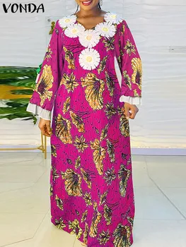 Летнее женское платье Макси, сексуальный сарафан для вечеринок с V-образным вырезом и цветочным принтом 2023, повседневный свободный халат VONDA с длинным рукавом, Женский халат