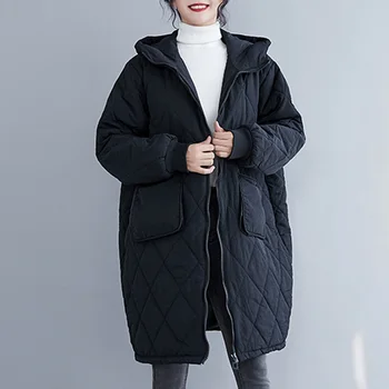 черное хлопковое пальто для женщин 2022, осенне-зимние повседневные женские парки, Модная верхняя одежда с капюшоном и длинными рукавами