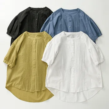 Летняя хлопковая плиссированная блузка с коротким пышным рукавом, свободная тонкая Черно-белая рубашка, офисная женская Классическая винтажная блузка в викторианском эдвардианском стиле