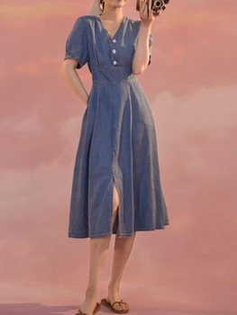 Летнее платье Женское 2023 Джинсовое синее платье Винтажное с тонким разрезом Женская мода Корейская повседневная одежда Одежда длиной до колен приталенная