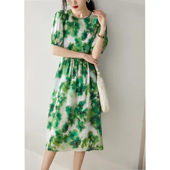 Высококачественное Платье из Шелка Тутового Цвета для Женщин 2023, Летнее Зеленое Платье С Цветочным Рисунком, Праздничные Корейские Тонкие Платья Vestido Mujer Zm3291