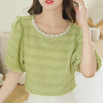 Blusas Mujer De Moda 2023 Verano Elegantes, Кружевные Рубашки для Женщин, Белый Пуловер С Короткими рукавами И Пышными Рукавами, Зеленые Топы с бисером