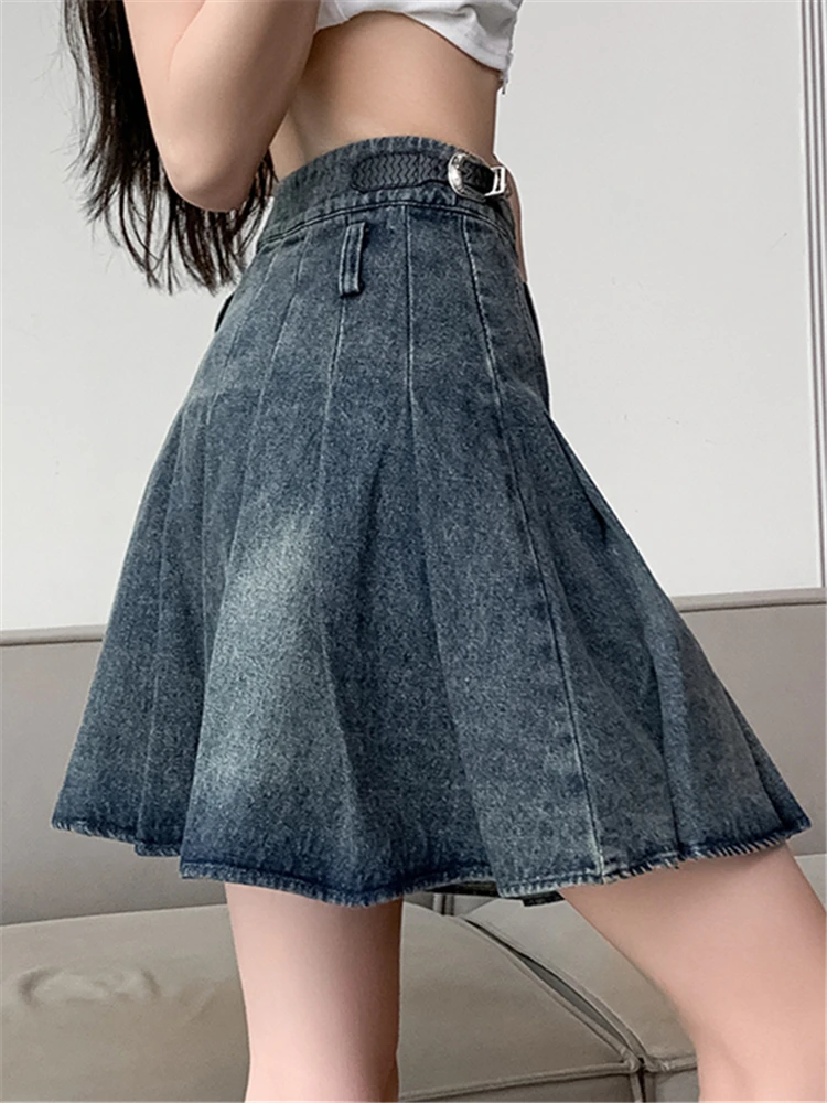Seoulish 2023 Новые женские джинсовые плиссированные короткие юбки с высокой талией, весенне-летние модные ковбойские джинсы, мини-юбки трапециевидной формы, женские