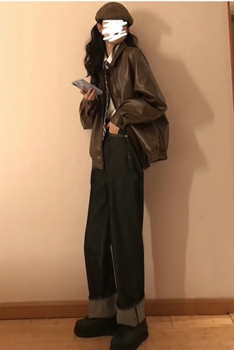 Осенняя новая куртка из искусственной коричневой кожи, женское винтажное мотоциклетное пальто на молнии, женская Корейская свободная уличная одежда, верхняя одежда куртка женская