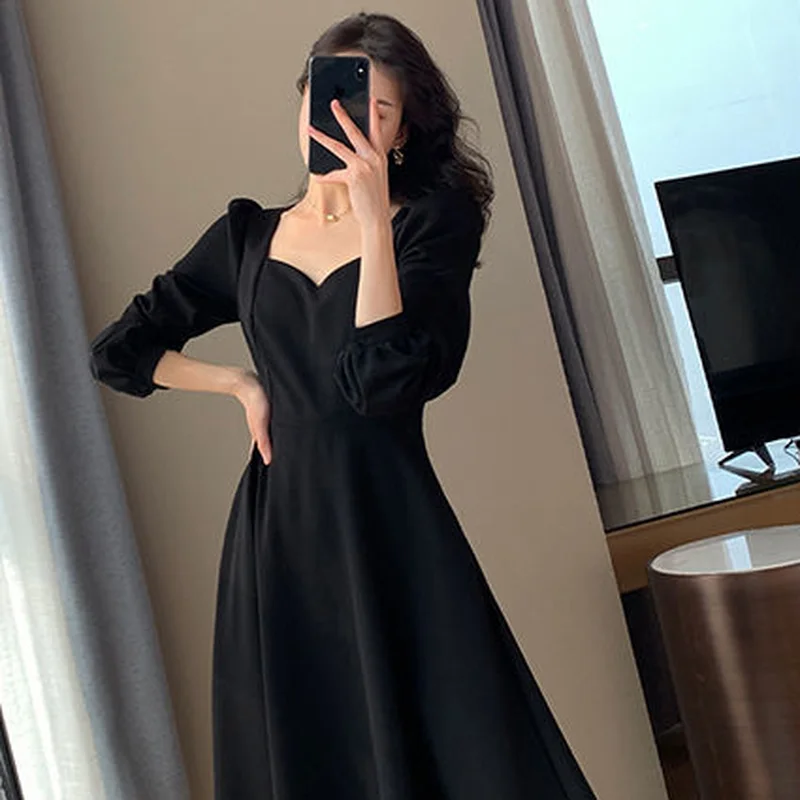 Платье с длинным рукавом Vestidos 2023, женское винтажное Корейское офисное платье с рукавами-фонариками, Повседневный V-образный вырез, Свободный, однотонный, элегантный, с высокой талией.