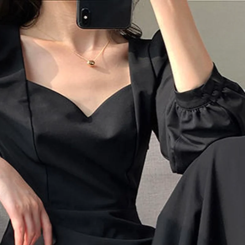 Платье с длинным рукавом Vestidos 2023, женское винтажное Корейское офисное платье с рукавами-фонариками, Повседневный V-образный вырез, Свободный, однотонный, элегантный, с высокой талией.